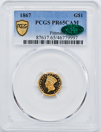 Picture of 1867 GOLD G$1, TYPE 3 PR65+ Deep Cameo
