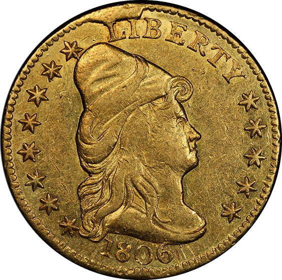 Picture of 1806/4 DRAPED BUST $2.5, 8X5 STARS AU58 