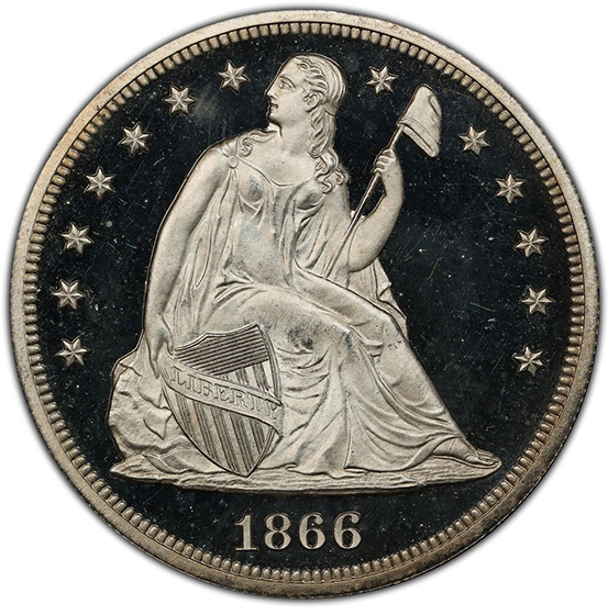 Picture of 1866 LIBERTY SEATED S$1, MOTTO PR66+ Deep Cameo