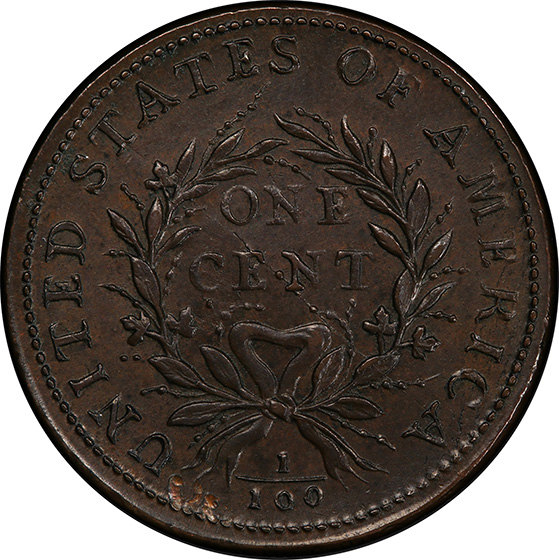 Picture of 1793 WREATH 1C, VINE AND BARS EDGE AU58 Brown