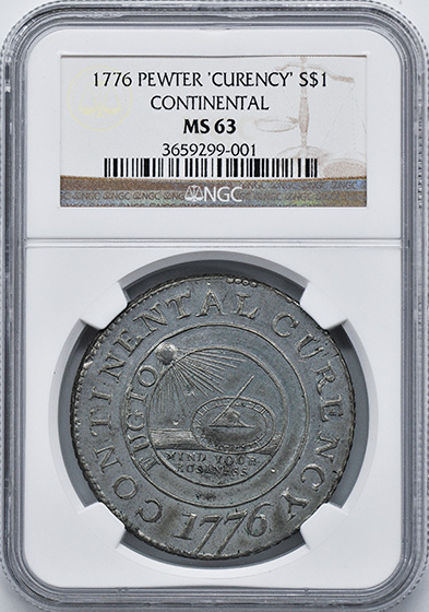 Picture of 1776 CONTINENTAL $1, CURENCY, PEWTER MS63 