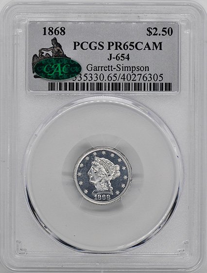 Picture of 1868 $2.5 ALUMINUM J-654 PR65 Cameo