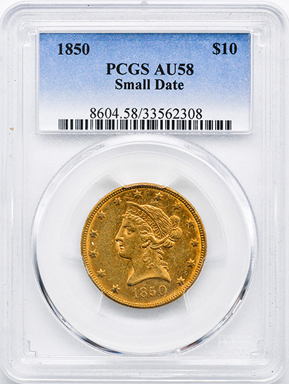 Picture of 1850 LIBERTY HEAD $10, SMALL DATE AU58 