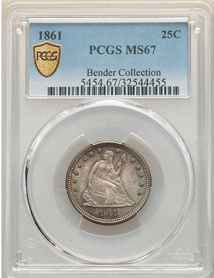 Picture of 1861 LIBERTY SEATED 25C, NO MOTTO MS67 