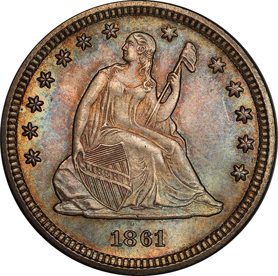 Picture of 1861 LIBERTY SEATED 25C, NO MOTTO MS67 