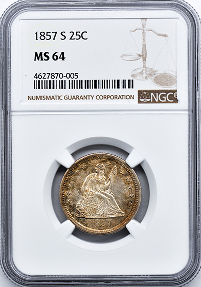 Picture of 1857-S LIBERTY SEATED 25C, NO MOTTO MS64 
