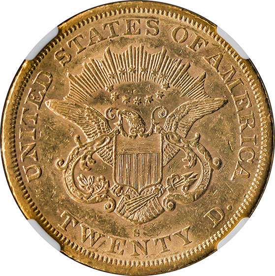 Picture of 1866-S LIBERTY HEAD $20, NO MOTTO AU55 