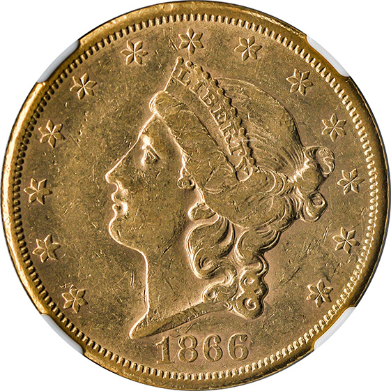 Picture of 1866-S LIBERTY HEAD $20, NO MOTTO AU55 