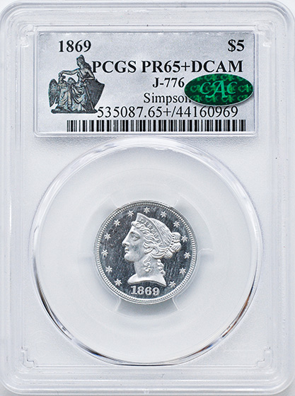 Picture of 1869 LIBERTY $5 J-776, ALUMINUM PR65+ Deep Cameo