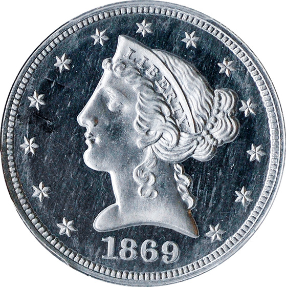 Picture of 1869 LIBERTY $5 J-776, ALUMINUM PR65+ Deep Cameo