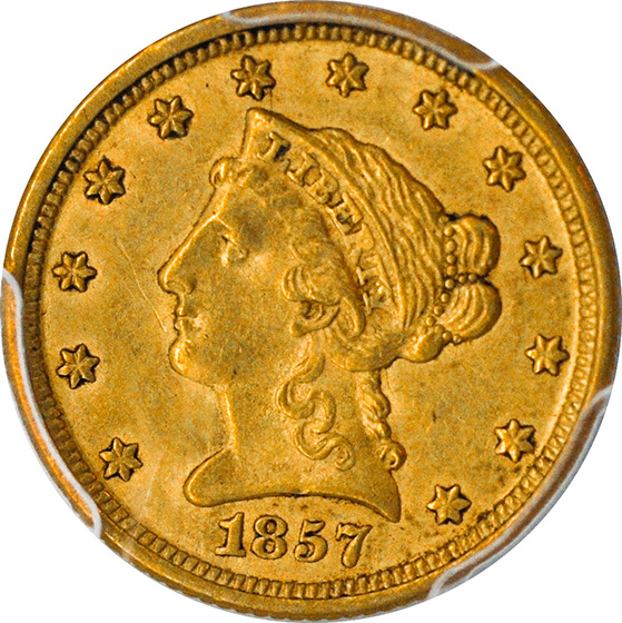 Picture of 1857-O LIBERTY HEAD $2.5 AU58 