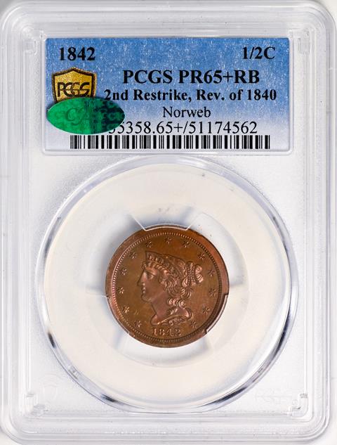 Picture of 1842 BRAIDED HAIR 1/2C, RESTRIKE PR65 Red Brown