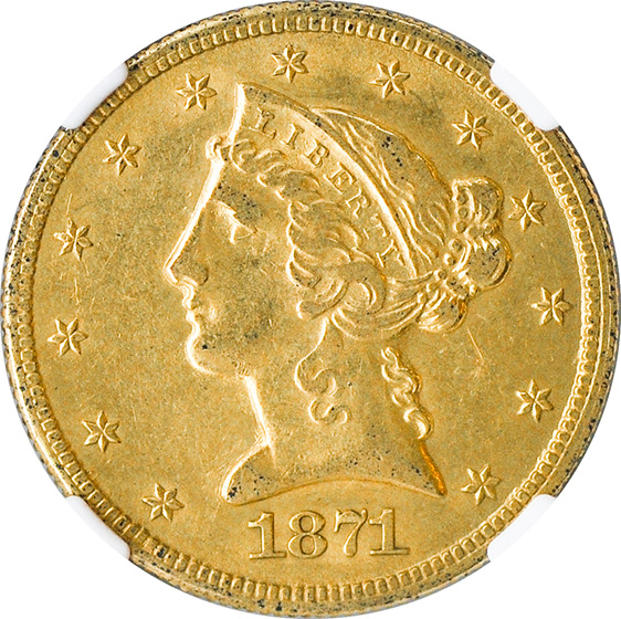 Picture of 1871-CC LIBERTY $5 AU50 