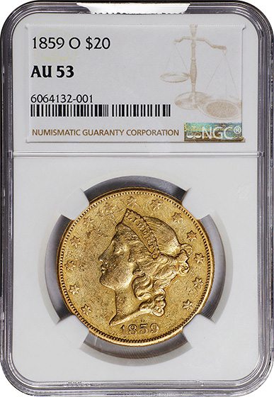 Picture of 1859-O LIBERTY HEAD $20 AU53 