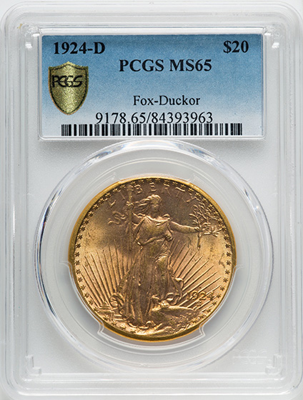 Picture of 1924-D ST. GAUDENS $20 MS65 