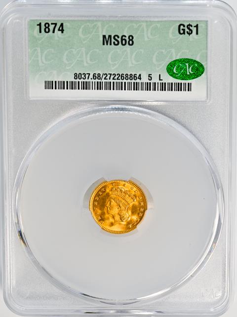 Picture of 1874 GOLD G$1, TYPE 3 MS68 