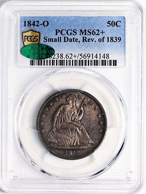 Picture of 1842-O LIBERTY SEATED 50C, SMALL DATE, REV 1839 MS62+ 