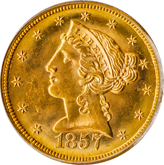Picture of 1857-S LIBERTY $5 MS64  Picture of 1857-S LIBERTY $5 MS64