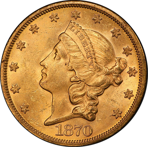 Picture of 1870-S LIBERTY HEAD $20 MS62+ 