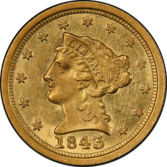 Picture of 1843-O LIBERTY HEAD $2.5, LARGE DATE MS62 