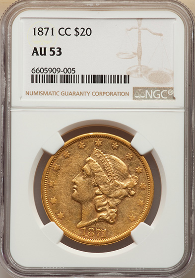 Picture of 1871-CC LIBERTY HEAD $20 AU53 