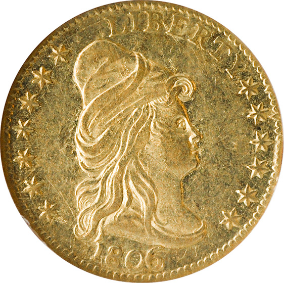 Picture of 1806/5 DRAPED BUST $2.5, 7X6 STARS AU58 