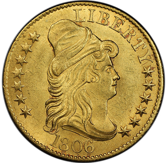 Picture of 1806 DRAPED BUST $5, ROUND 6, 7X6 STARS MS65+ 
