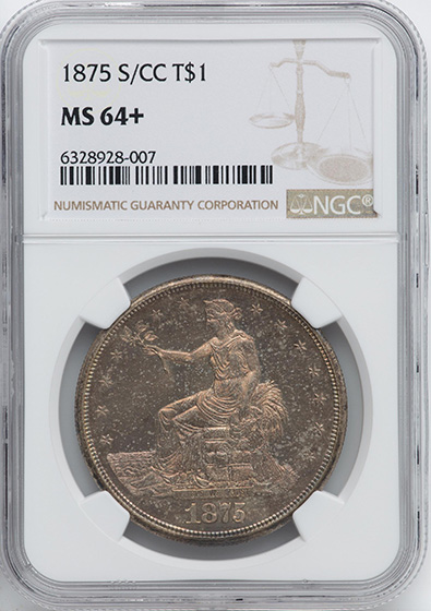 Picture of 1875-S/CC TRADE T$1, OVERMINTMARK MS64+ 