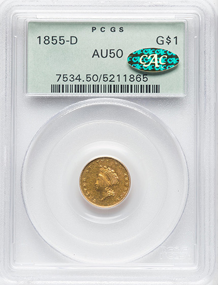 Picture of 1855-D GOLD G$1, TYPE 2 AU50 