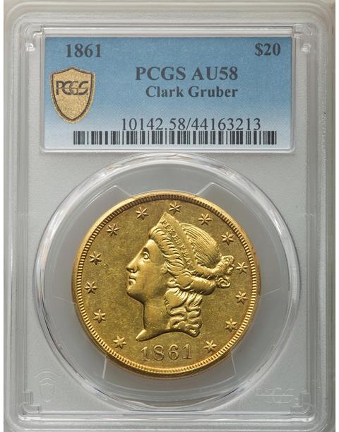Picture of 1861 CLARK GRUBER $20 AU58 