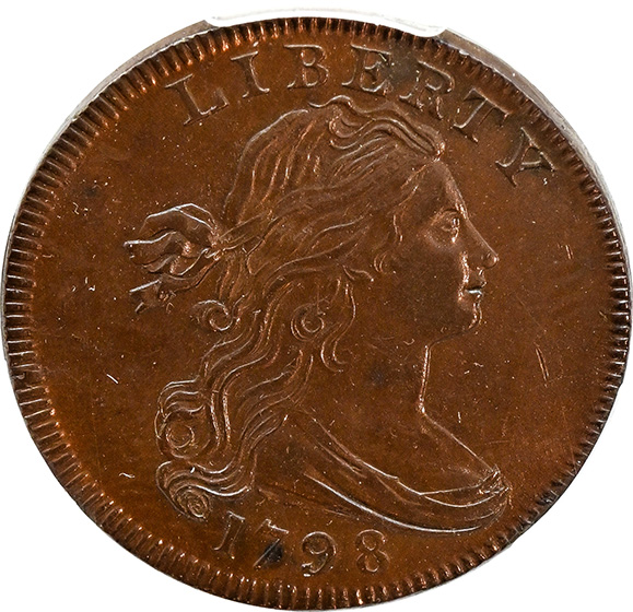 Picture of 1798 DRAPED BUST 1C, 1ST HAIR STYLE MS63 Brown Picture of 1798 DRAPED BUST 1C, 1ST HAIR STYLE MS63 Brown