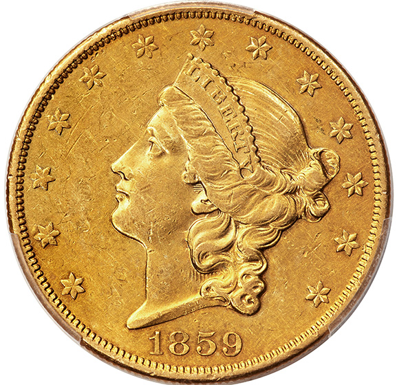 Picture of 1859-O LIBERTY HEAD $20 AU50 