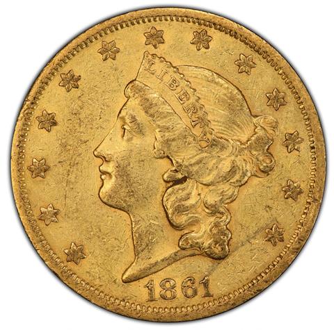 Picture of 1861-S LIBERTY HEAD $20, PAQUET AU55 