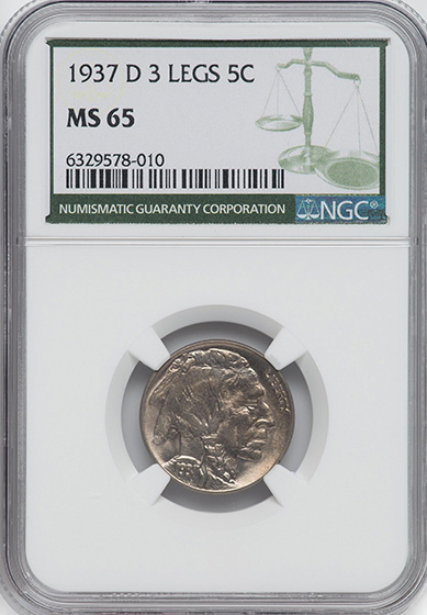 Picture of 1937-D BUFFALO 5C, 3 LEGS MS65 