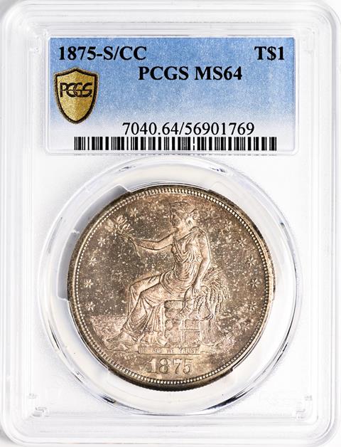 Picture of 1875-S/CC TRADE T$1, OVERMINTMARK MS64+ 