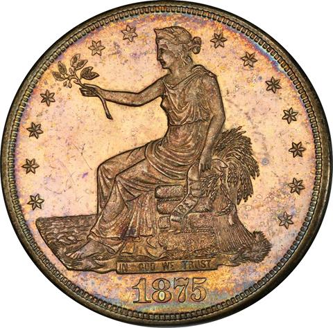 Picture of 1875-S/CC TRADE T$1, OVERMINTMARK MS64+ 