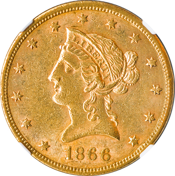 Picture of 1866-S LIBERTY HEAD $10, MOTTO AU58 