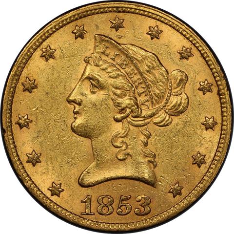 Picture of 1853/'2' LIBERTY HEAD $10, OVERDATE MS61 