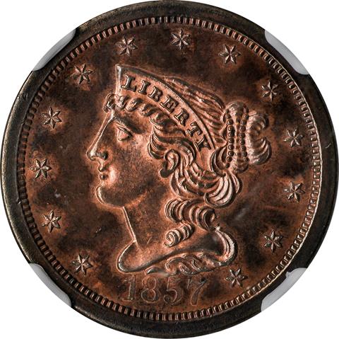 Picture of 1857 BRAIDED HAIR 1/2C PR66 Red Brown