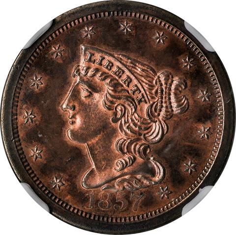 Picture of 1857 BRAIDED HAIR 1/2C PR66 Red Brown