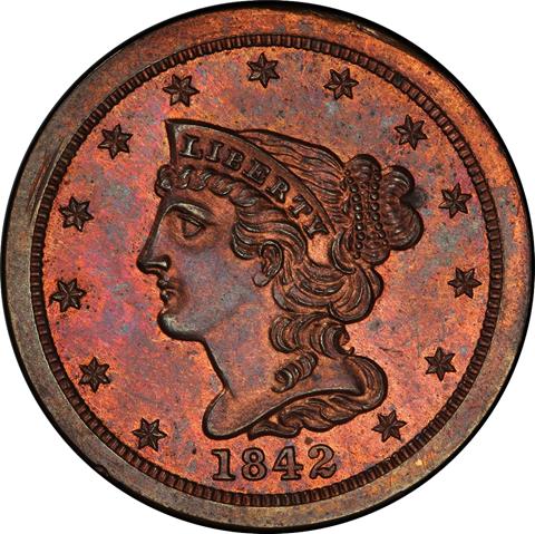 Picture of 1842 BRAIDED HAIR 1/2C, RESTRIKE PR65 Red Brown