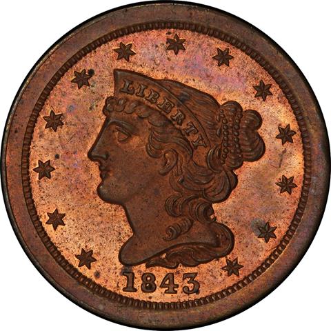 Picture of 1843 BRAIDED HAIR 1/2C, RESTRIKE PR65 Red Brown
