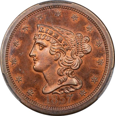 Picture of 1857 BRAIDED HAIR 1/2C PR65 Red Brown
