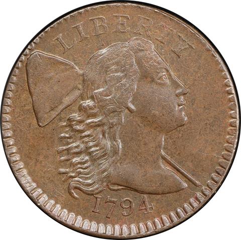 Picture of 1794 FLOWING HAIR LARGE 1C, HEAD OF 1794, LIBERTY CAP, DEN MS64+ Brown