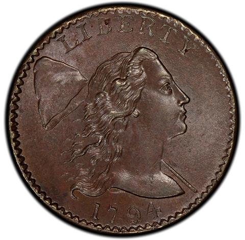 Picture of 1794 FLOWING HAIR LARGE 1C, HEAD OF 1794, LIBERTY CAP, DEN MS66 Brown