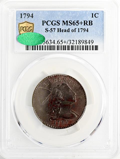 Picture of 1794 FLOWING HAIR LARGE 1C, HEAD OF 1794, LIBERTY CAP, DEN MS65+ Red Brown