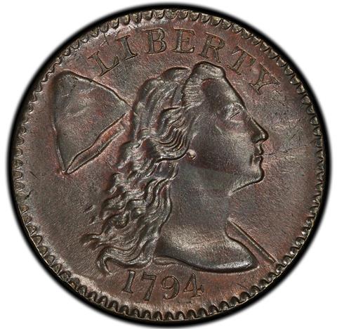 Picture of 1794 FLOWING HAIR LARGE 1C, HEAD OF 1794, LIBERTY CAP, DEN MS65 Red Brown