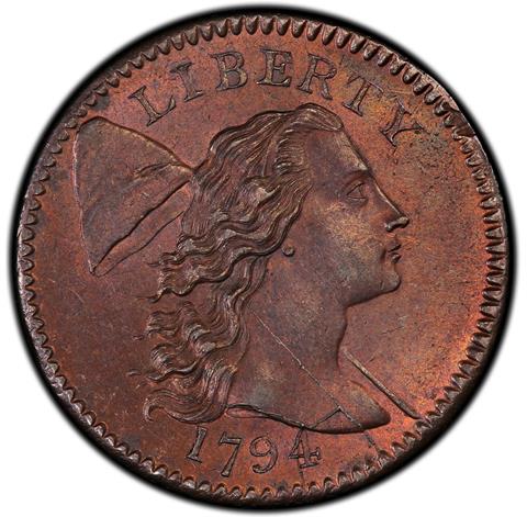 Picture of 1794 FLOWING HAIR LARGE 1C, HEAD OF 1794, LIBERTY CAP, DEN MS64+ Red Brown