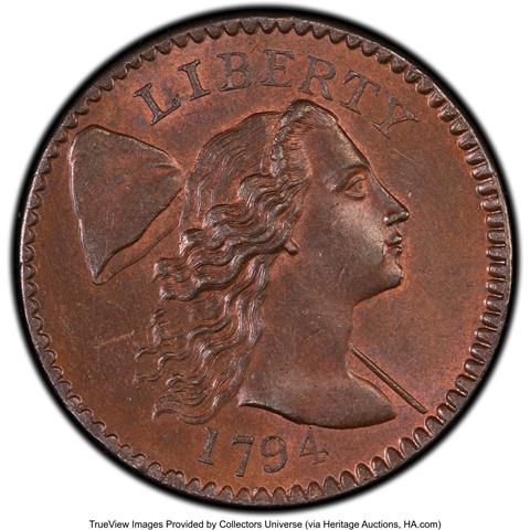 Picture of 1794 FLOWING HAIR LARGE 1C, HEAD OF 1794, LIBERTY CAP, DEN MS65 Red Brown