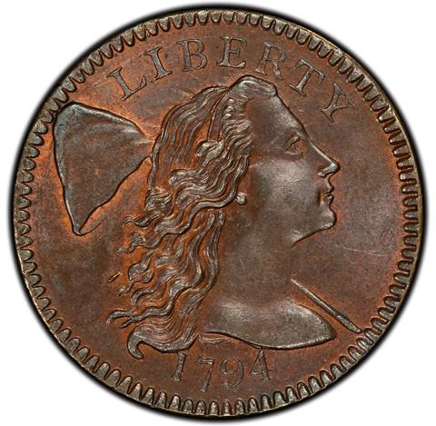 Picture of 1794 FLOWING HAIR LARGE 1C, HEAD OF 1794, LIBERTY CAP, DEN MS65 Red Brown